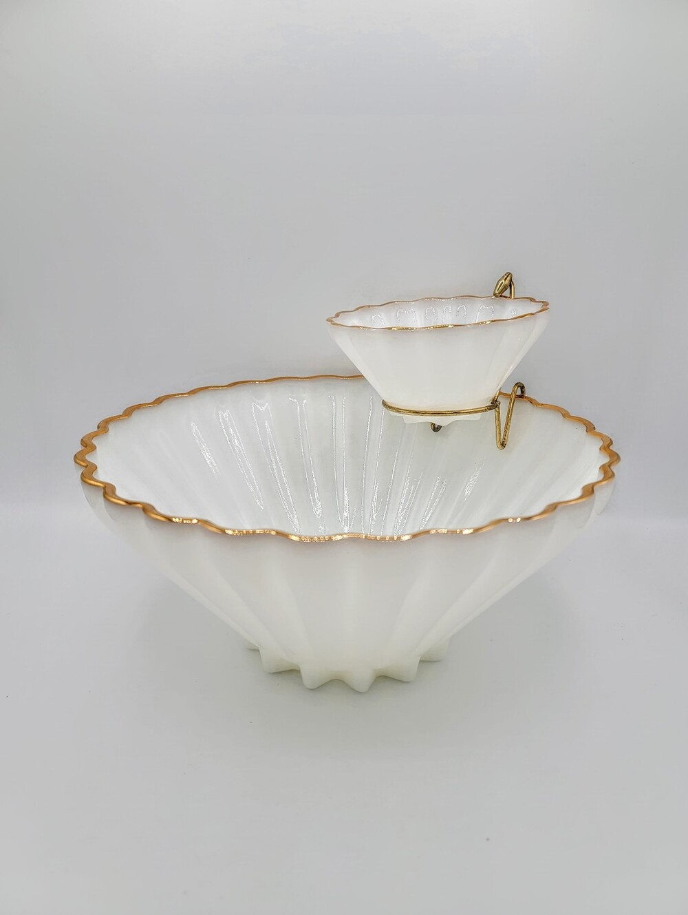 Anchor Hocking Fire King Rachel Milk Glass Chip Dip Set Gold Trim Holder Vintage